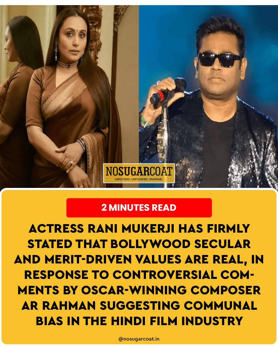 Actress Rani Mukerji has firmly stated that Bollywood secular and merit-driven values are real, in response to controversial comments by Oscar-winning composer AR Rahman suggesting communal bias in the Hindi film industry